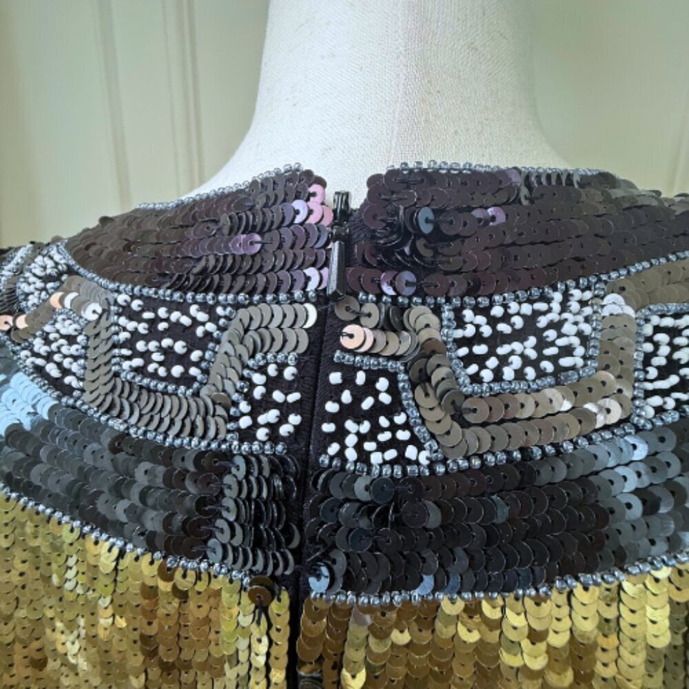 FRENCH CONNECTION Carnival Sequin Black Gold Short Sleeve Top Size 10 - Picture 8 of 16